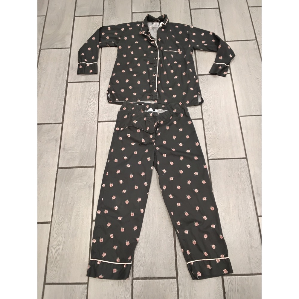 Emily & Meritt Pottery Barn Teen Pajama Set Small Black Pink Rose Cotton 2 Piece